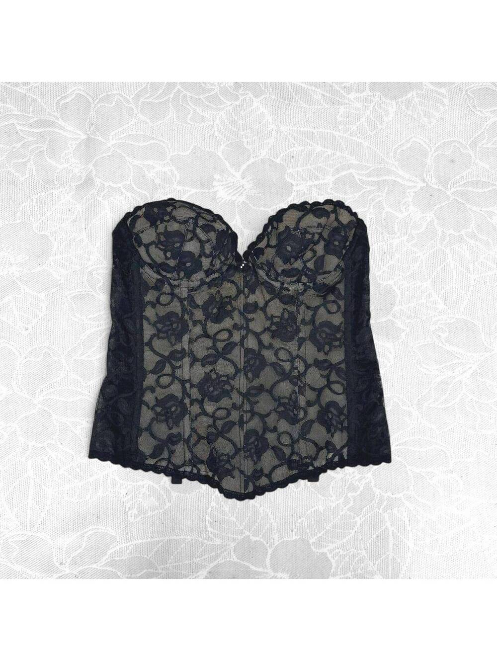 Vintage Carnival Black Lace Bustier Corset Top with Nude Underlay - 34B